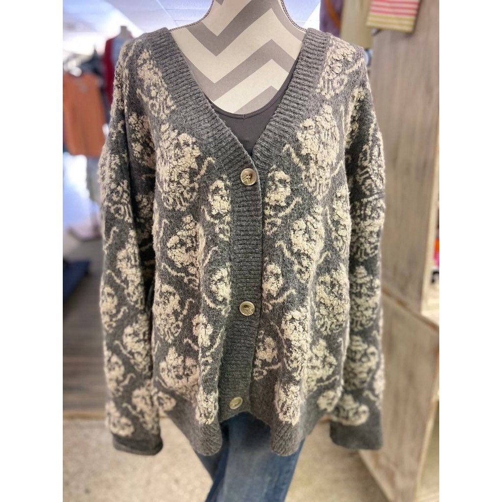 Gray Floral Jacquard Knit Cardigan‎ Cottagecore Bohemian Sweater Coat Size XL